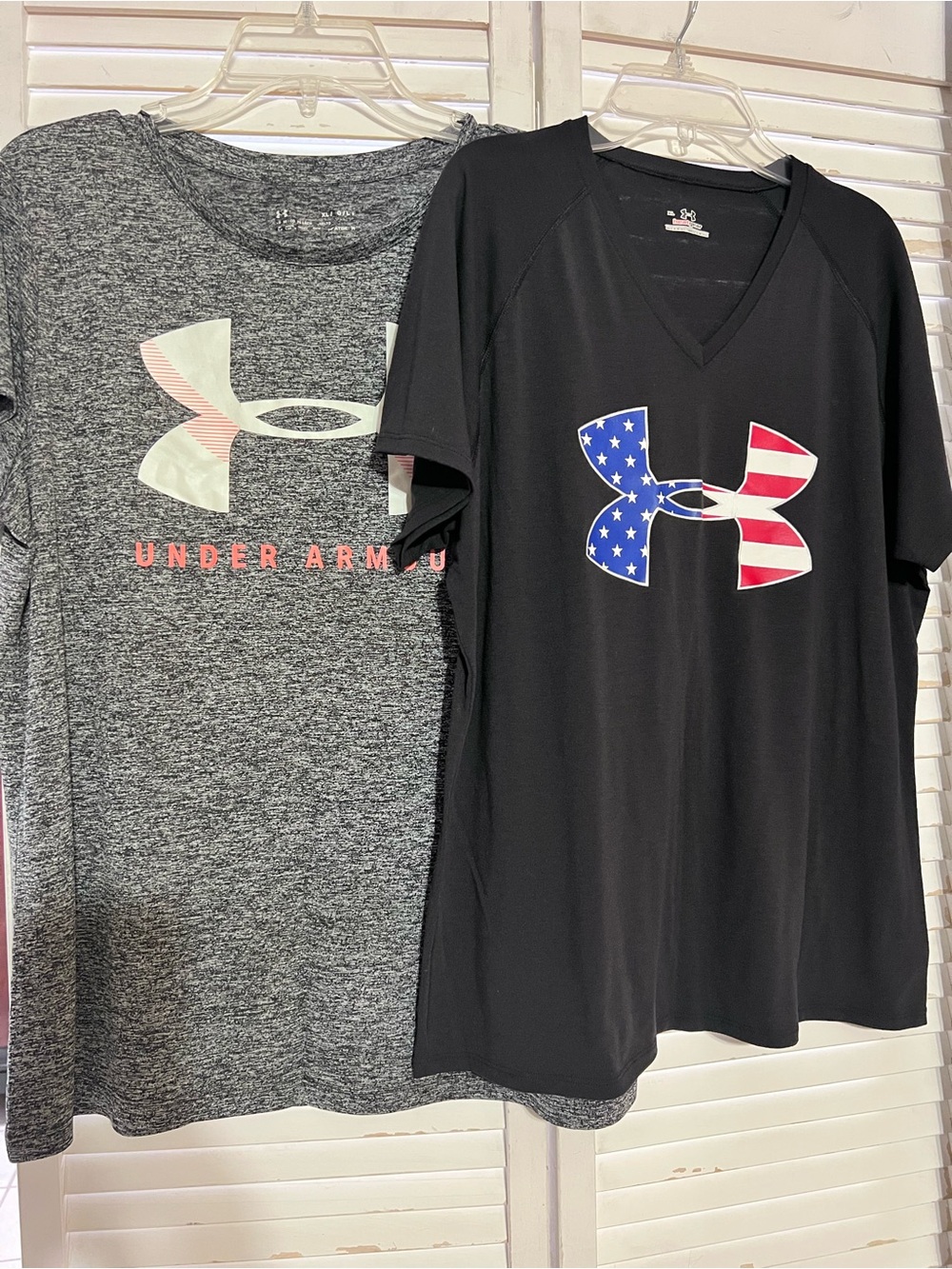 Two Under Armour Black V-Neck Tee with USA Flag Logo and Under Armour Gray Tek